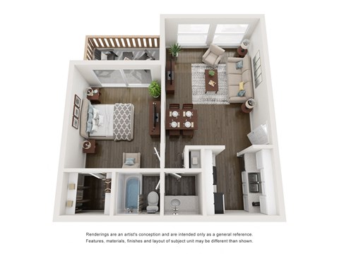 Floor plan for 1 bed, 1 bath, 566 sqft
